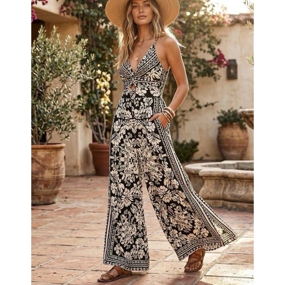 Angie Boho Floral Wide Leg Palazzo Jumpsuit Smocked Cutout Bodice Black White M